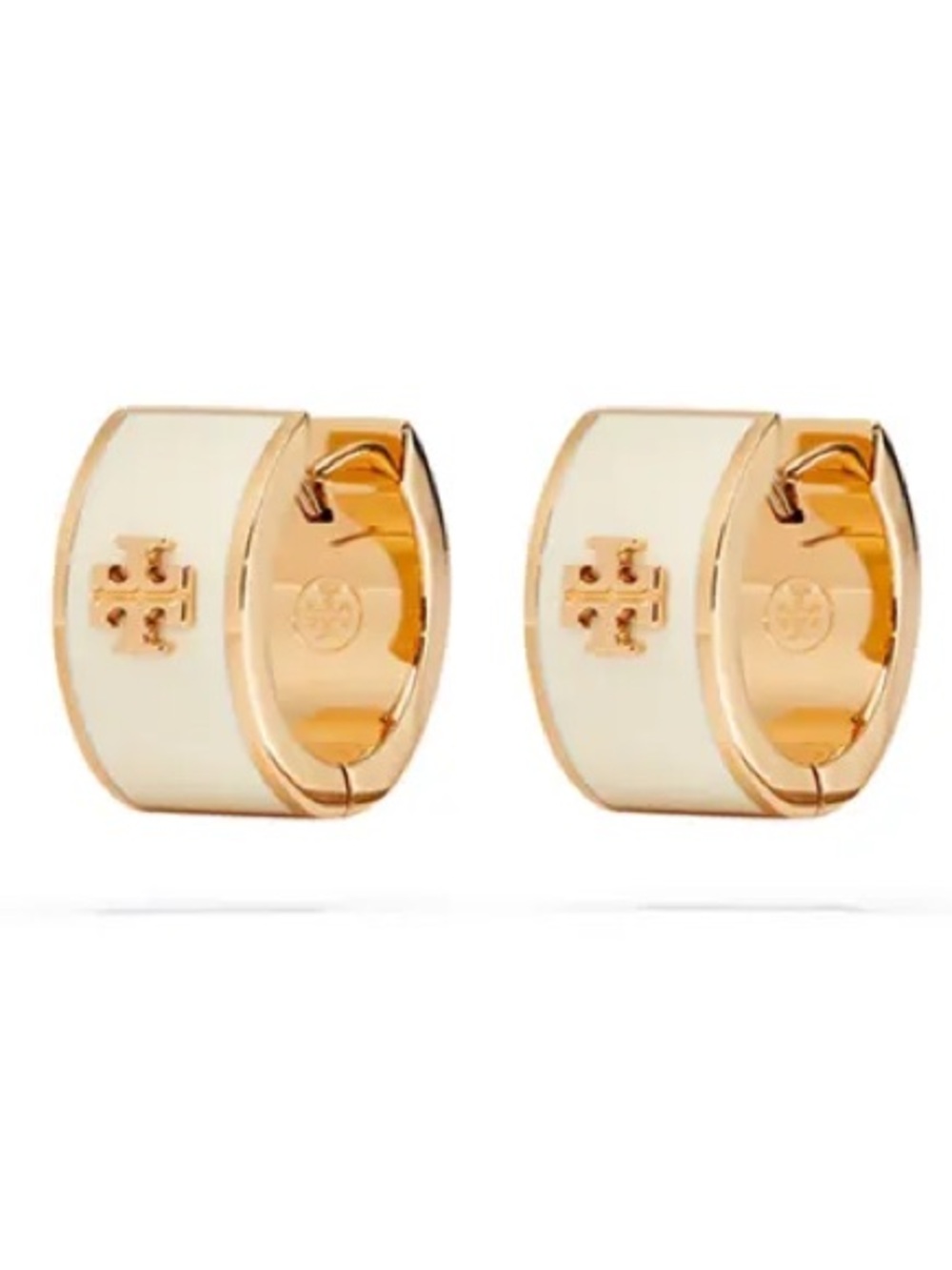 TORY BURCH GOLD + WHITE HUGGIE HOOP EARRINGS